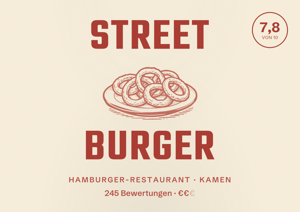 Illustriertes Poster von Street Burger, Hamburger-Restaurant in Kamen: Bewertung 7,8 von 10 aus 245 Bewertungen, Preisniveau €€