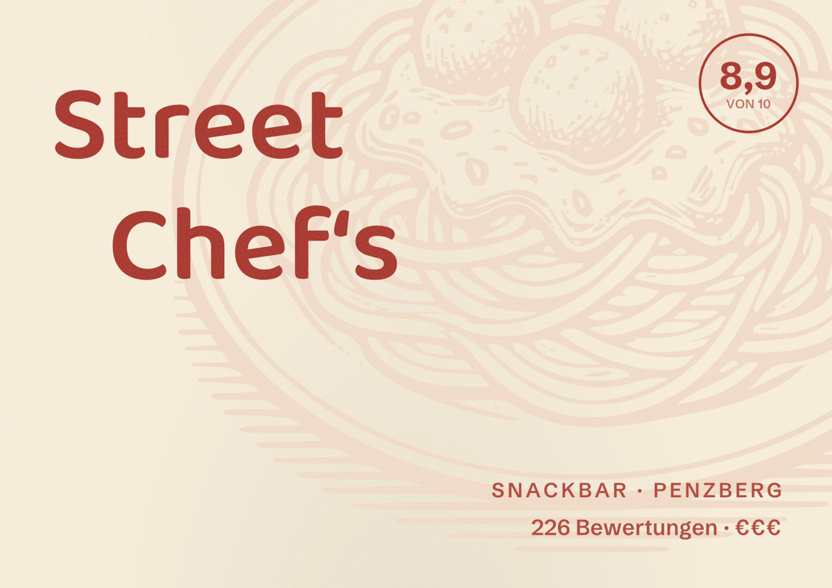Illustriertes Poster von Street Chef‘s, Snackbar in Penzberg: Bewertung 8,9 von 10 aus 226 Bewertungen, Preisniveau €€€