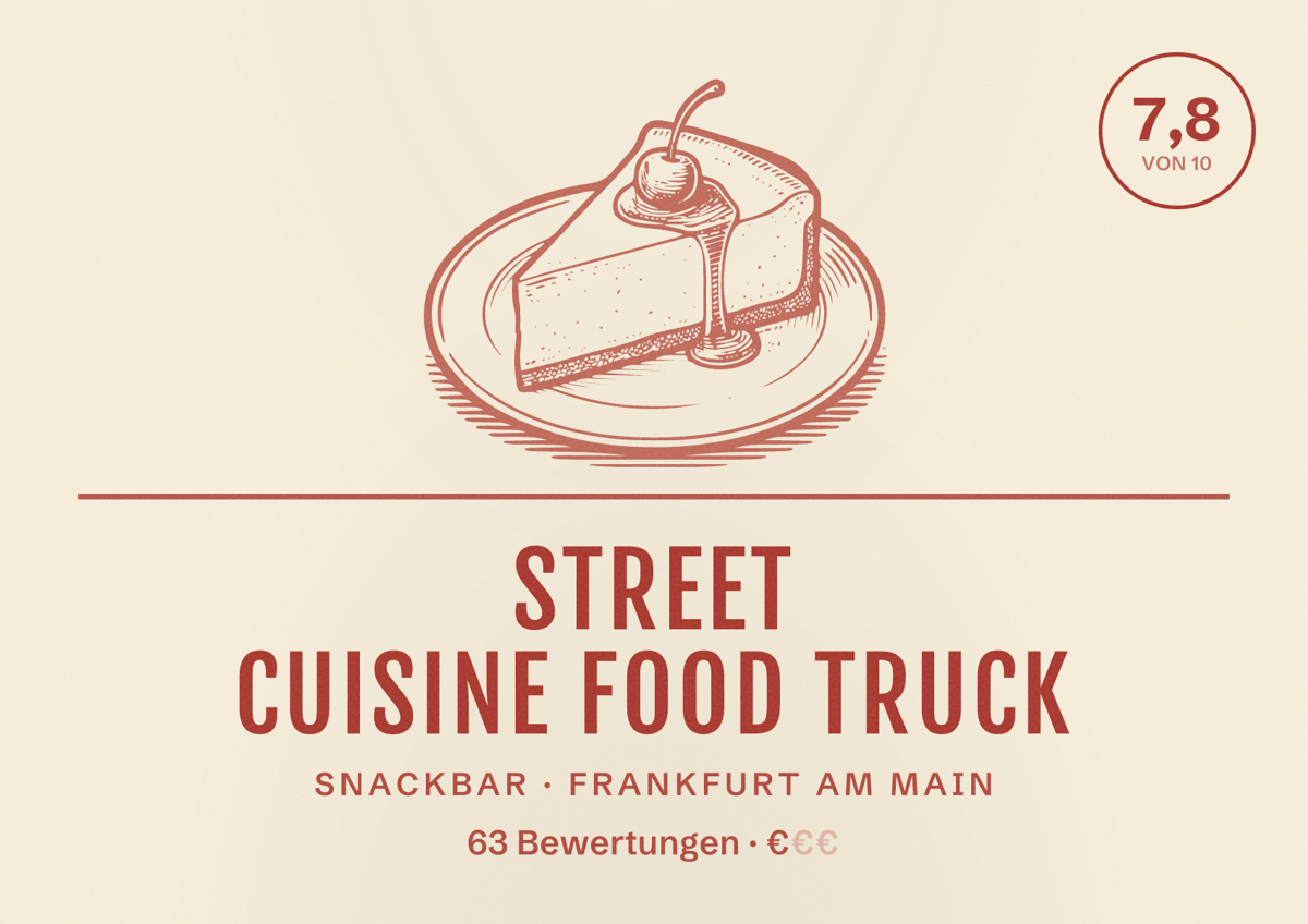 Illustriertes Poster von Street Cuisine Food Truck, Snackbar in Frankfurt am Main: Bewertung 7,8 von 10 aus 63 Bewertungen, Preisniveau €