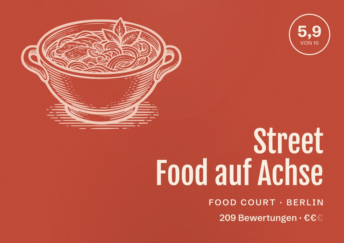 Illustriertes Poster von Street Food auf Achse, Food Court in Berlin: Bewertung 5,9 von 10 aus 209 Bewertungen, Preisniveau €€