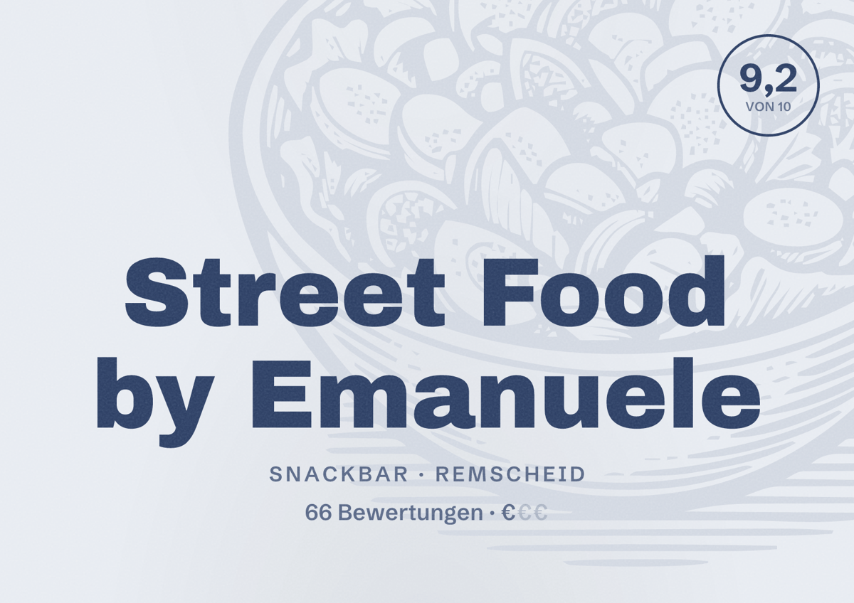 Illustriertes Poster von Street Food by Emanuele, Snackbar in Remscheid: Bewertung 9,2 von 10 aus 66 Bewertungen, Preisniveau €