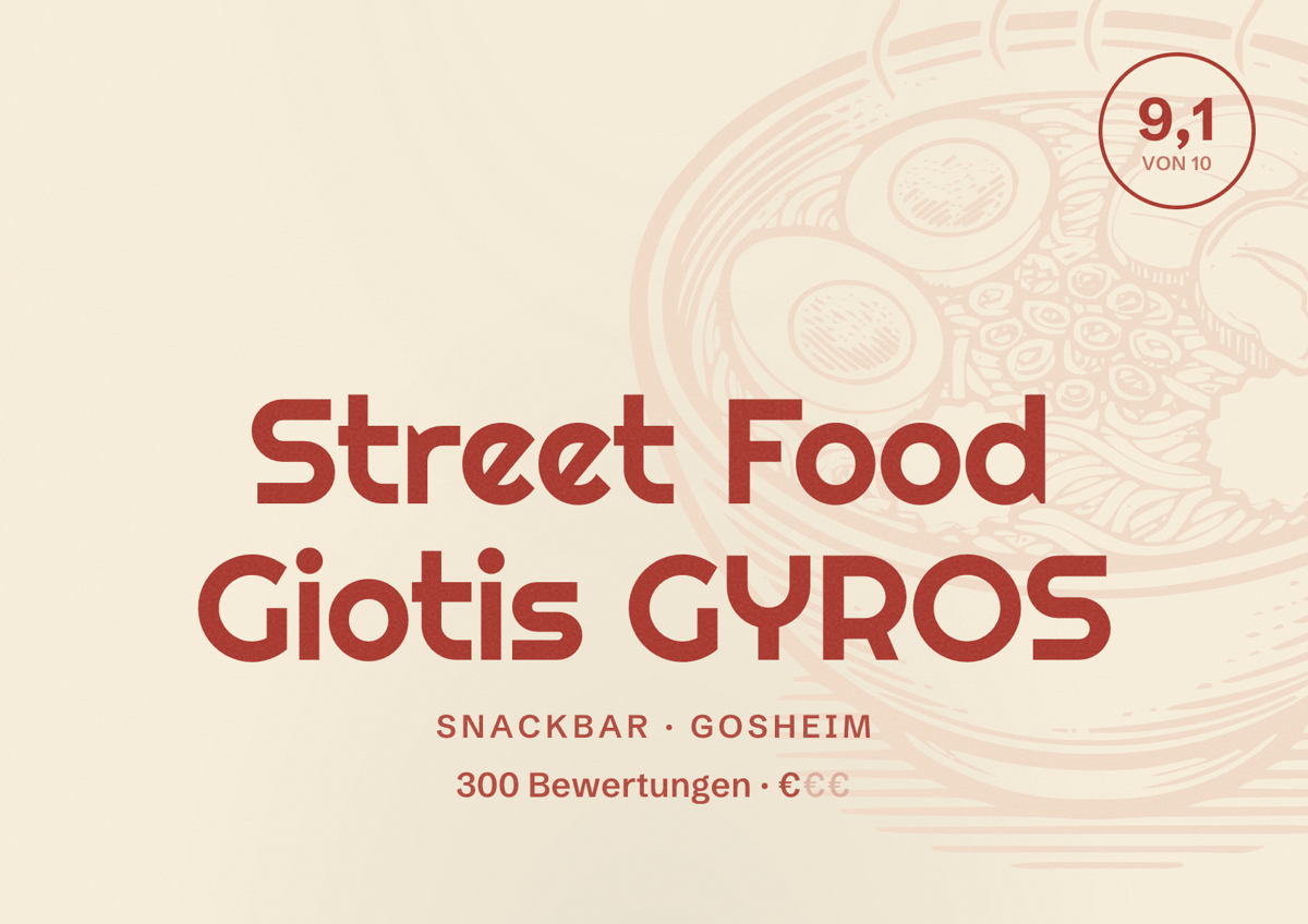 Illustriertes Poster von Street Food Giotis GYROS, Snackbar in Gosheim: Bewertung 9,1 von 10 aus 300 Bewertungen, Preisniveau €