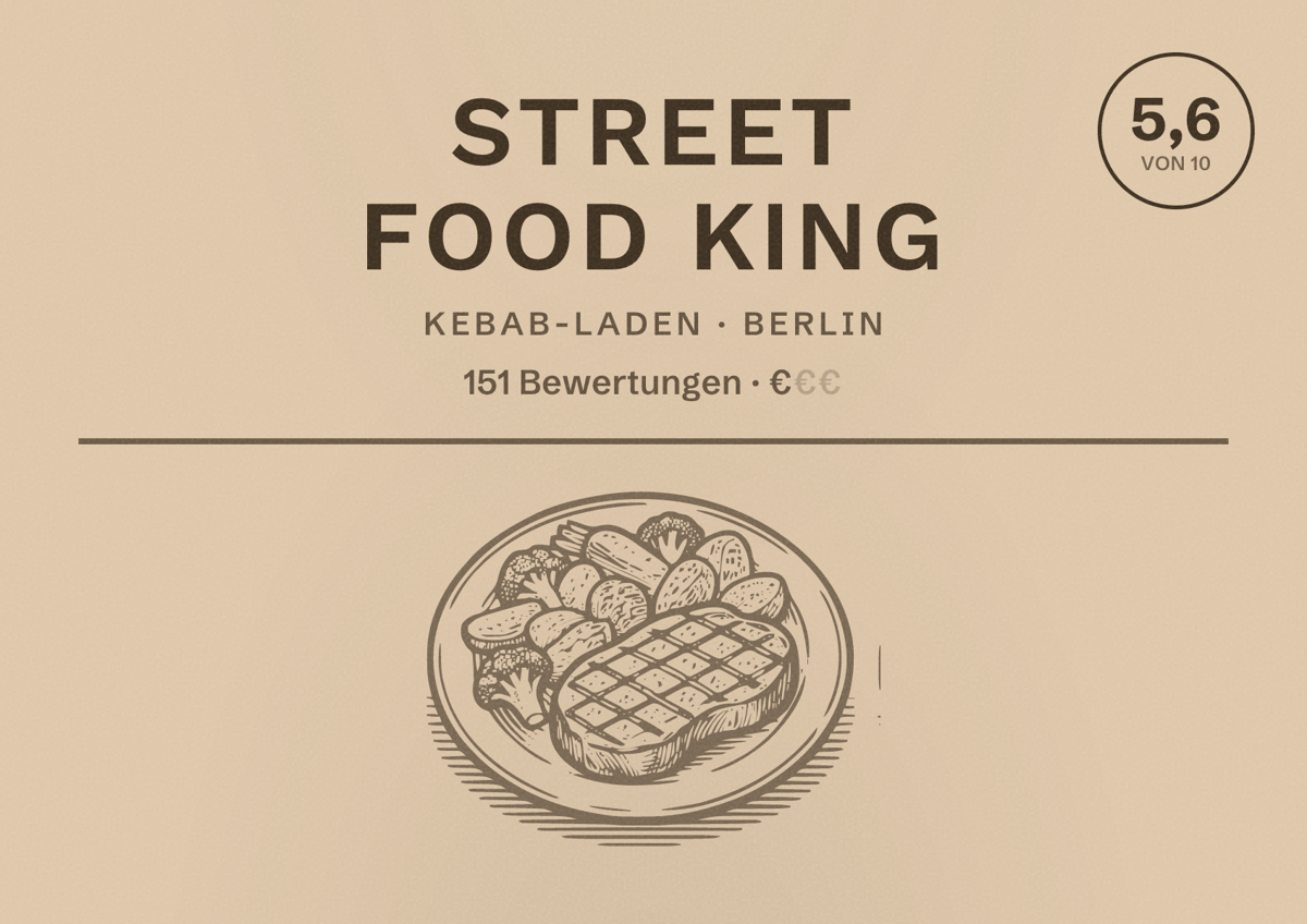 Illustriertes Poster von Street Food King, Kebab-Laden in Berlin: Bewertung 5,6 von 10 aus 151 Bewertungen, Preisniveau €