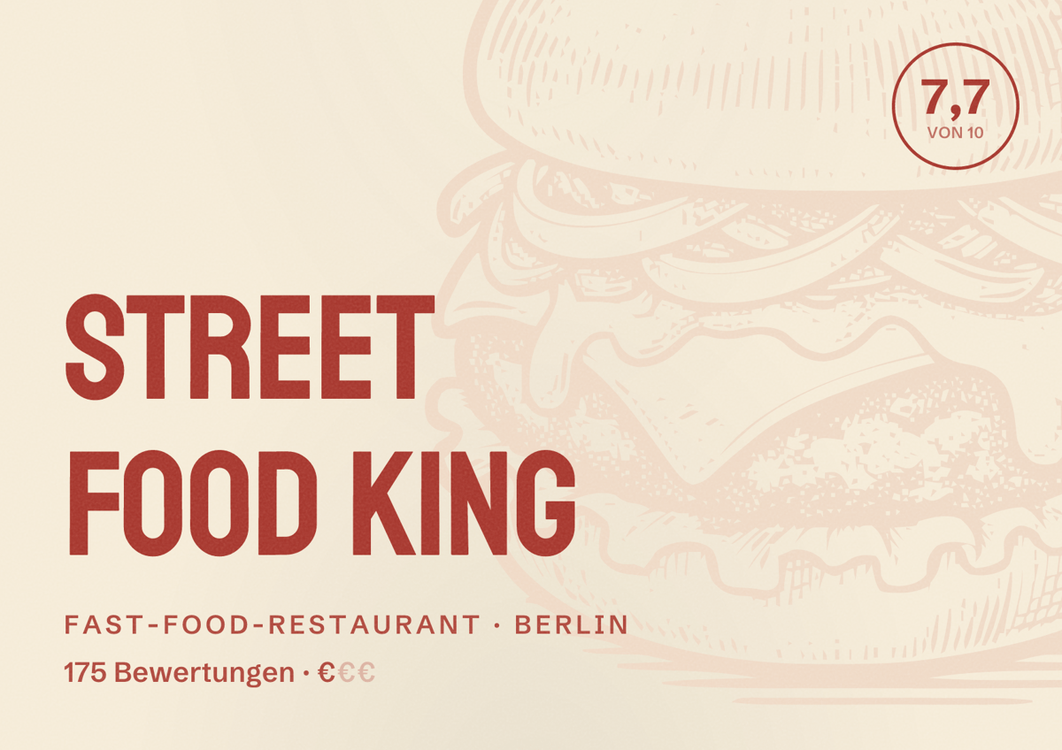 Illustriertes Poster von Street Food King, Fast-Food-Restaurant in Berlin: Bewertung 7,7 von 10 aus 175 Bewertungen, Preisniveau €