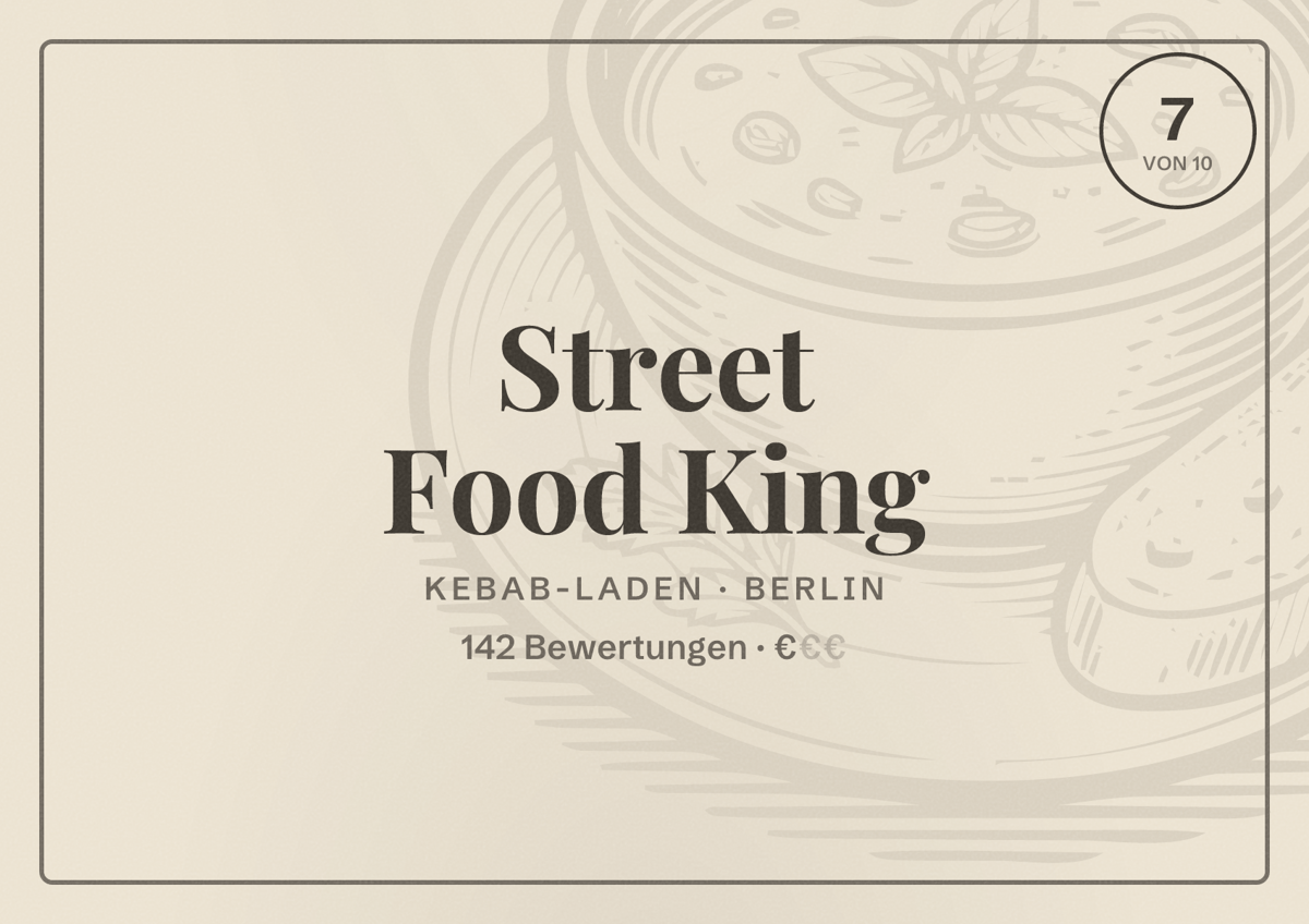 Illustriertes Poster von Street Food King, Kebab-Laden in Berlin: Bewertung 7,0 von 10 aus 142 Bewertungen, Preisniveau €