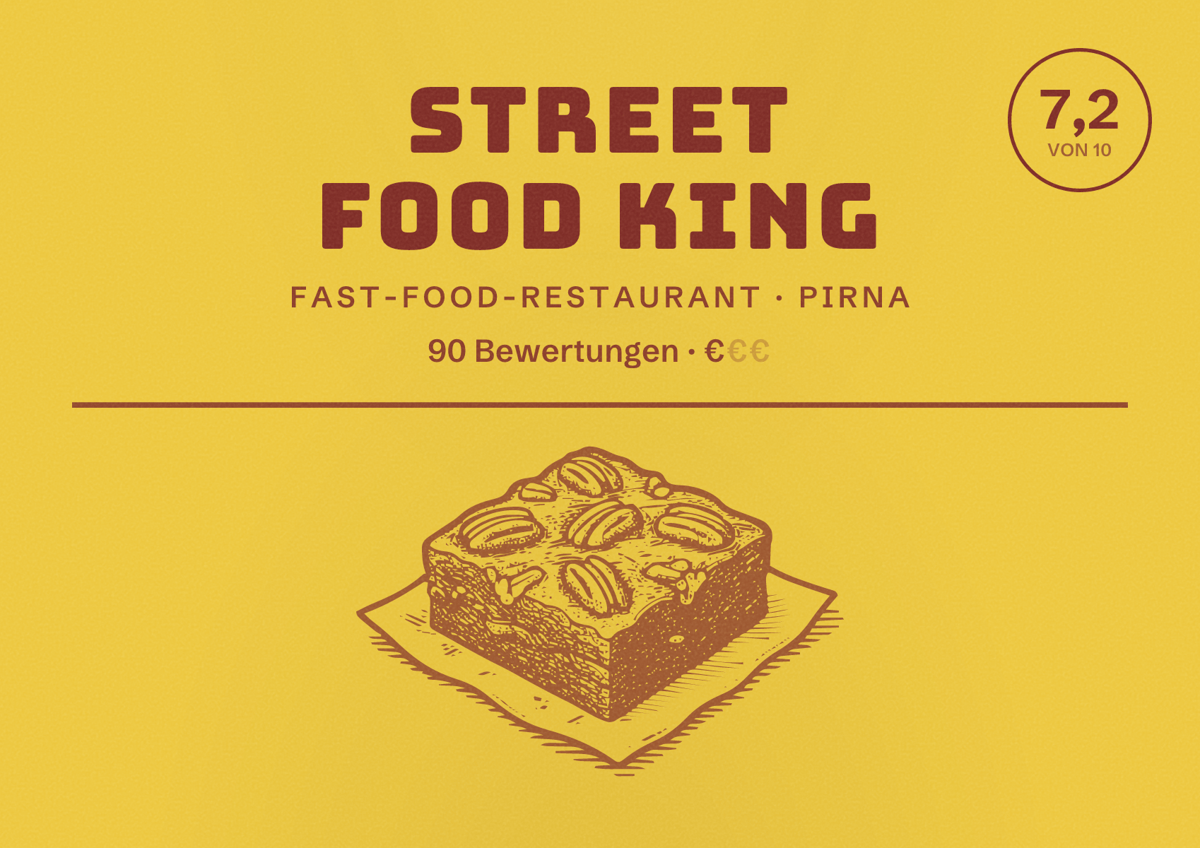 Illustriertes Poster von Street Food King, Fast-Food-Restaurant in Pirna: Bewertung 7,2 von 10 aus 90 Bewertungen, Preisniveau €