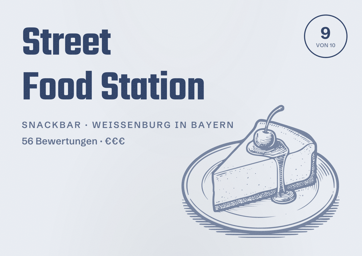 Illustriertes Poster von Street Food Station, Snackbar in Weißenburg in Bayern: Bewertung 9 von 10 aus 56 Bewertungen, Preisniveau €€€