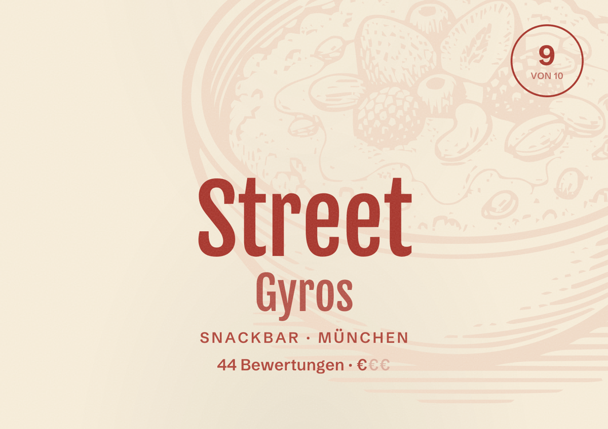 Illustriertes Poster von Street Gyros, Snackbar in München: Bewertung 9,0 von 10 aus 44 Bewertungen, Preisniveau €