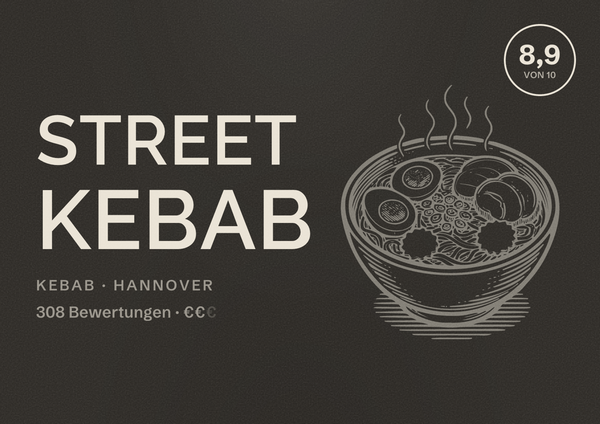 Illustriertes Poster von Street Kebab, Kebab in Hannover: Bewertung 8,9 von 10 aus 308 Bewertungen, Preisniveau €€