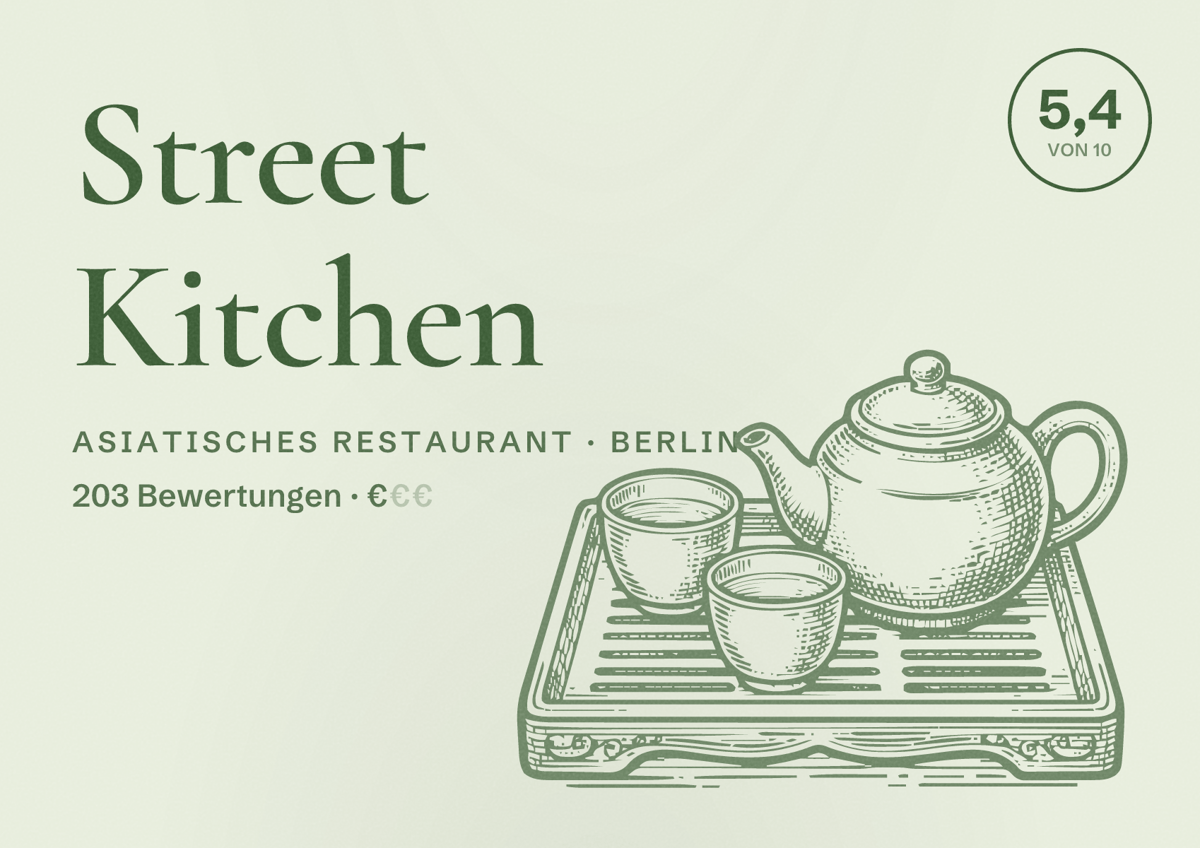 Illustriertes Poster von Street Kitchen, Asiatisches Restaurant in Berlin: Bewertung 5,4 von 10 aus 203 Bewertungen, Preisniveau €