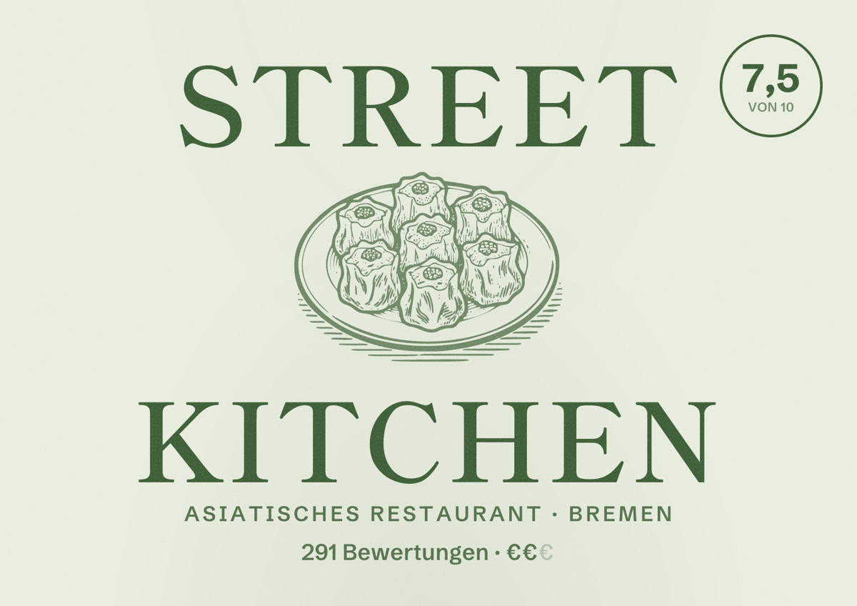 Illustriertes Poster von Street Kitchen, Asiatisches Restaurant in Bremen: Bewertung 7,5 von 10 aus 291 Bewertungen, Preisniveau €€