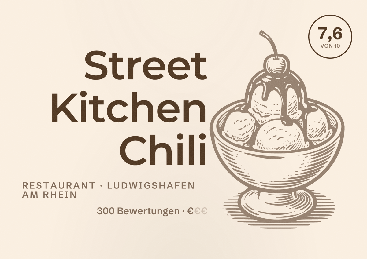 Illustriertes Poster von Street Kitchen Chili, Restaurant in Ludwigshafen am Rhein: Bewertung 7,6 von 10 aus 300 Bewertungen, Preisniveau €