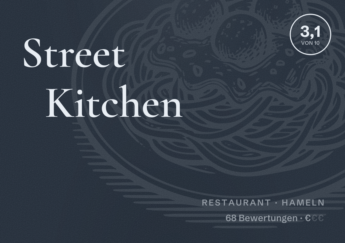 Illustriertes Poster von Street Kitchen, Restaurant in Hameln: Bewertung 3,1 von 10 aus 68 Bewertungen, Preisniveau €