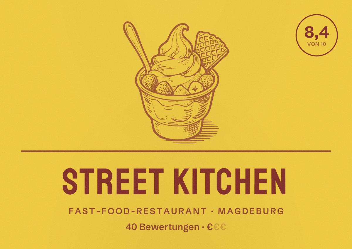 Illustriertes Poster von Street kitchen, Fast-Food-Restaurant in Magdeburg: Bewertung 8,4 von 10 aus 40 Bewertungen, Preisniveau €