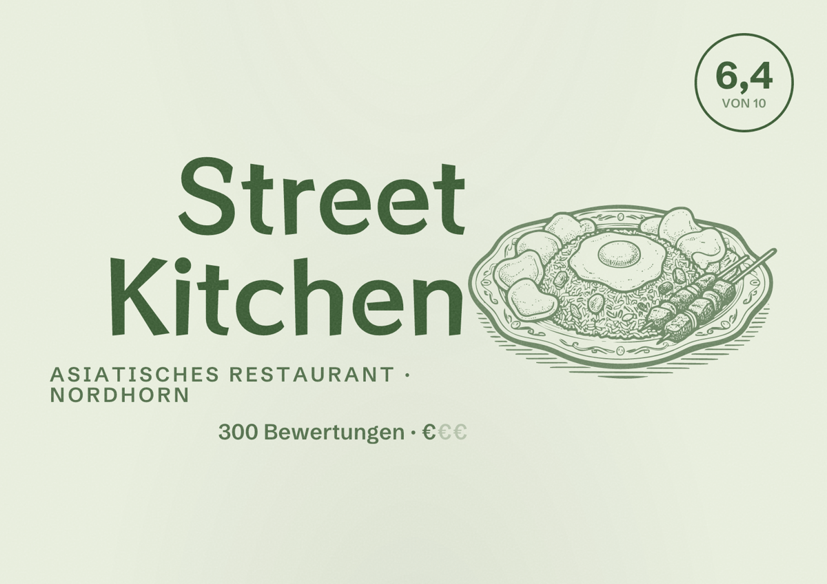 Illustriertes Poster von Street Kitchen, Asiatisches Restaurant in Nordhorn: Bewertung 6,4 von 10 aus 300 Bewertungen, Preisniveau €
