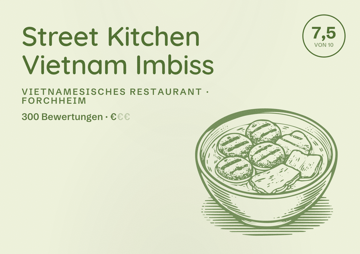 Illustriertes Poster von Street Kitchen Vietnam Imbiss, Vietnamesisches Restaurant in Forchheim: Bewertung 7,5 von 10 aus 300 Bewertungen, Preisniveau €