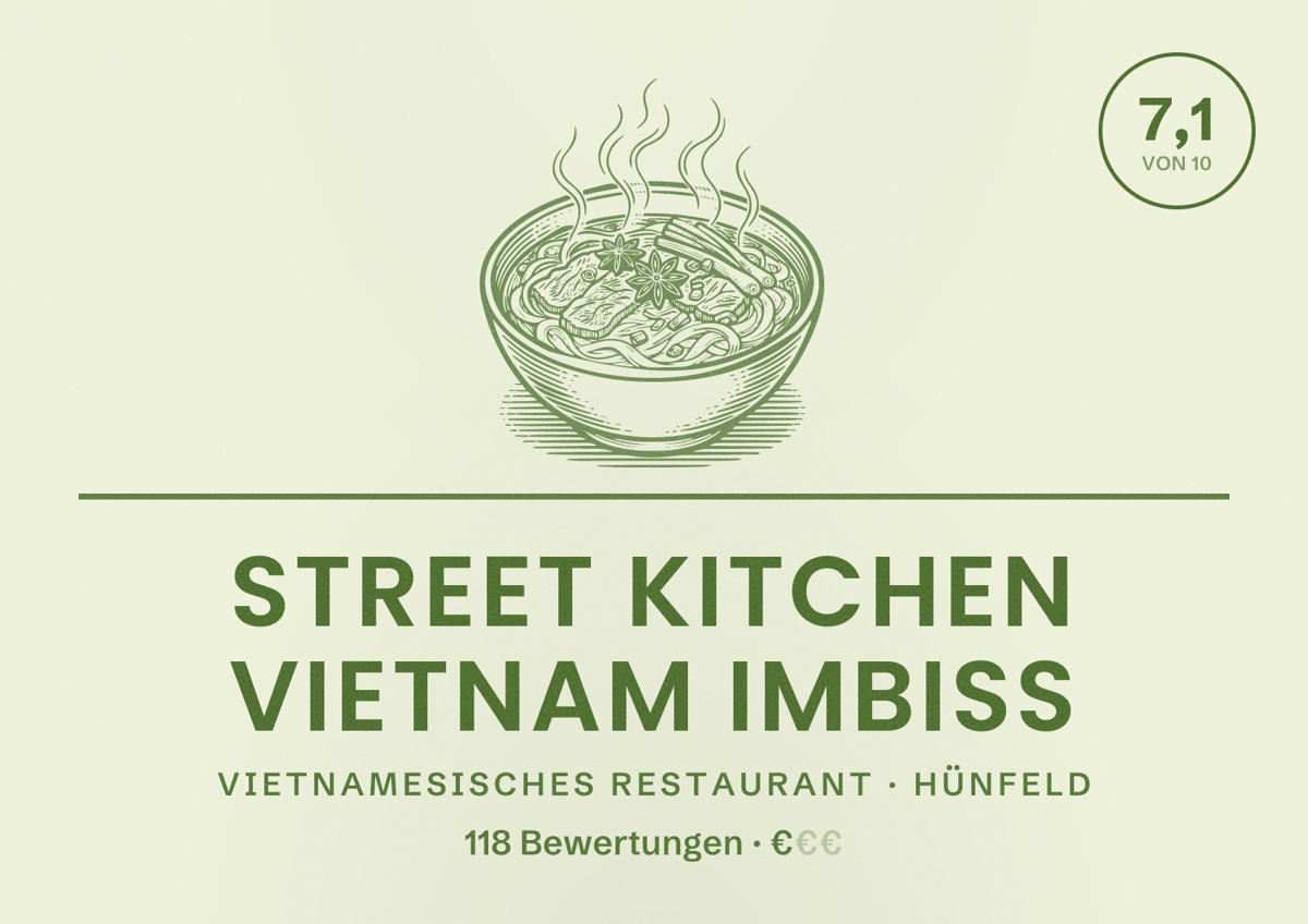 Illustriertes Poster von Street Kitchen Vietnam Imbiss, Vietnamesisches Restaurant in Hünfeld: Bewertung 7,1 von 10 aus 118 Bewertungen, Preisniveau €