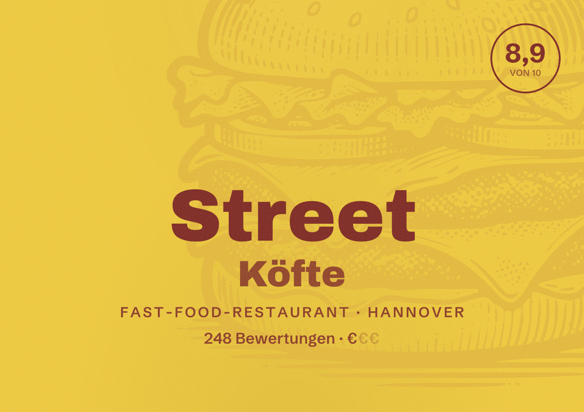 Illustriertes Poster von Street Köfte, Fast-Food-Restaurant in Hannover: Bewertung 8,9 von 10 aus 248 Bewertungen, Preisniveau €
