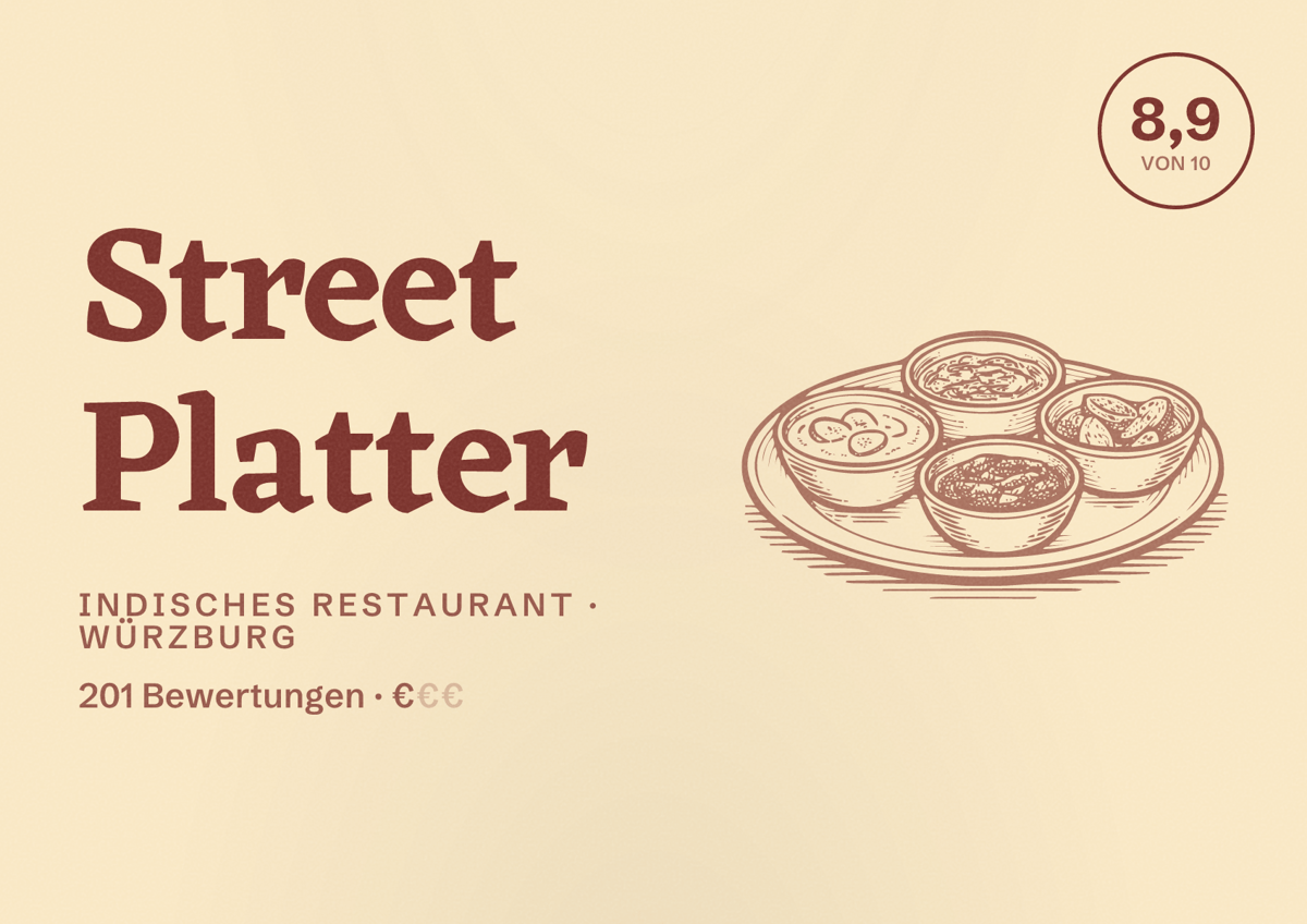 Illustriertes Poster von Street Platter, Indisches Restaurant in Würzburg: Bewertung 8,9 von 10 aus 201 Bewertungen, Preisniveau €