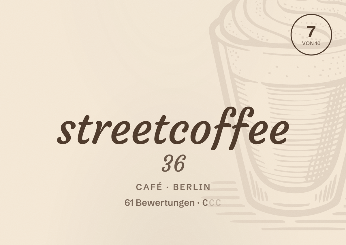 Illustriertes Poster von streetcoffee 36, Café in Berlin: Bewertung 7,0 von 10 aus 61 Bewertungen, Preisniveau €