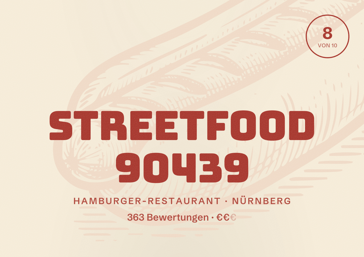 Illustriertes Poster von Streetfood 90439, Hamburger-Restaurant in Nürnberg: Gästebewertung 8,0 von 10 aus 363 Bewertungen