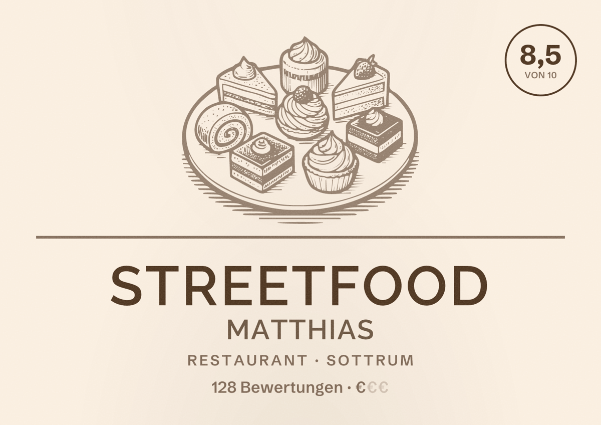 Illustriertes Poster von Streetfood Matthias, Restaurant in Sottrum: Bewertung 8,5 von 10 aus 128 Bewertungen, Preisniveau €