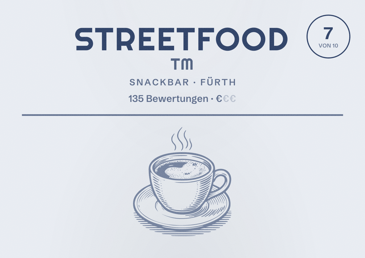 Illustriertes Poster von Streetfood TM, Snackbar in Fürth: Bewertung 7 von 10 aus 135 Bewertungen, Preisniveau €