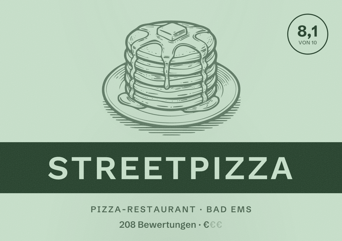 Illustriertes Poster von StreetPizza, Pizza-Restaurant in Bad Ems: Bewertung 8,1 von 10 aus 208 Bewertungen, Preisniveau €