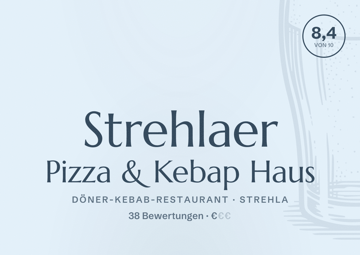 Illustriertes Poster von Strehlaer Pizza & Kebap Haus, Döner-Kebab-Restaurant in Strehla: Bewertung 8,4 von 10 aus 38 Bewertungen, Preisniveau €