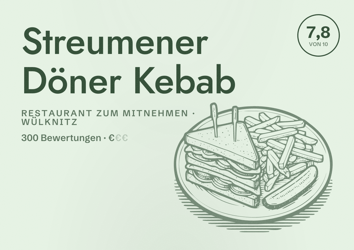 Illustriertes Poster von Streumener Döner Kebab, Restaurant zum Mitnehmen in Wülknitz: Bewertung 7,8 von 10 aus 300 Bewertungen, Preisniveau €