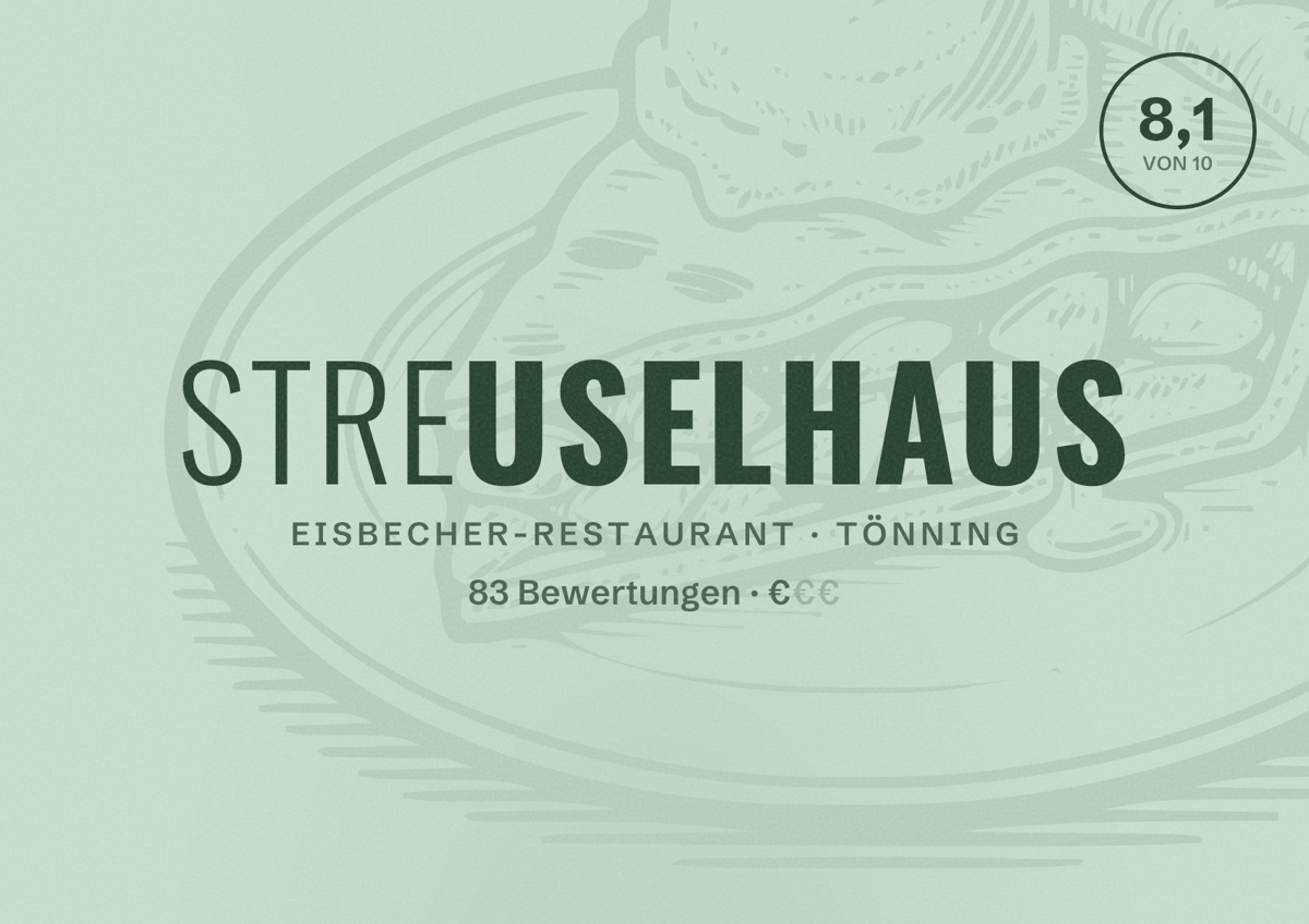 Illustriertes Poster von Streuselhaus, Eisbecher-Restaurant in Tönning: Bewertung 8,1 von 10 aus 83 Bewertungen, Preisniveau €