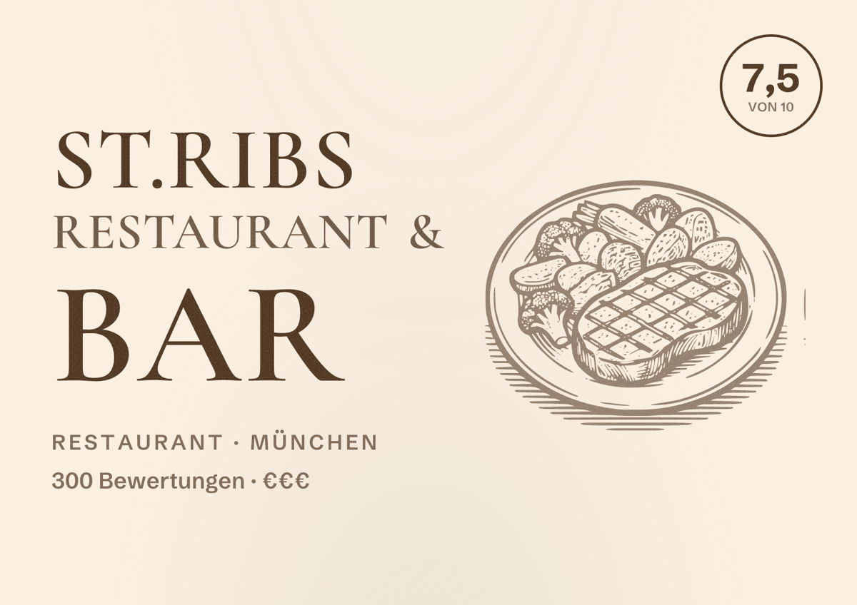 Illustriertes Poster von St.Ribs Restaurant & Bar, Restaurant in München: Bewertung 7,5 von 10 aus 300 Bewertungen, Preisniveau €€€
