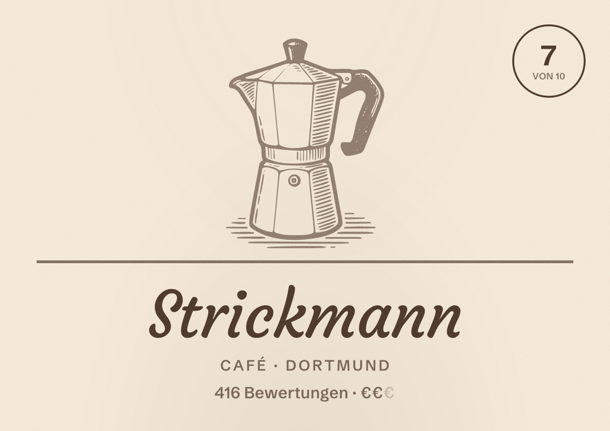 Illustriertes Poster von Strickmann, Café in Dortmund: Bewertung 7 von 10 aus 416 Bewertungen, Preisniveau €€