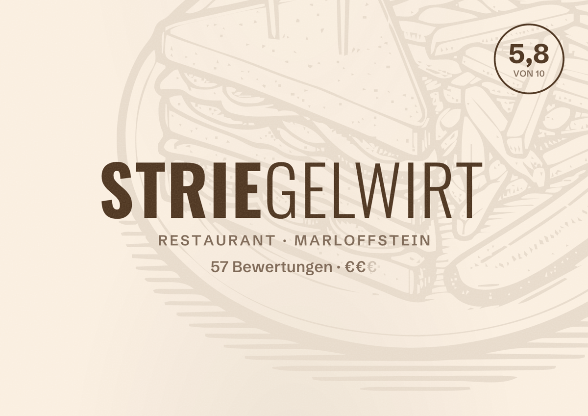 Illustriertes Poster von Striegelwirt, Restaurant in Marloffstein: Bewertung 5,8 von 10 aus 57 Bewertungen, Preisniveau €€