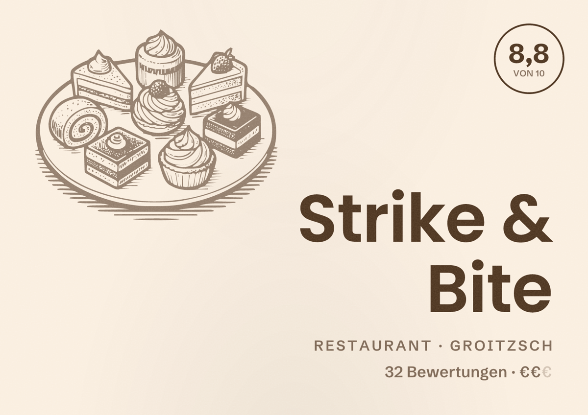 Illustriertes Poster von Strike & Bite, Restaurant in Groitzsch: Bewertung 8,8 von 10 aus 32 Bewertungen, Preisniveau €€