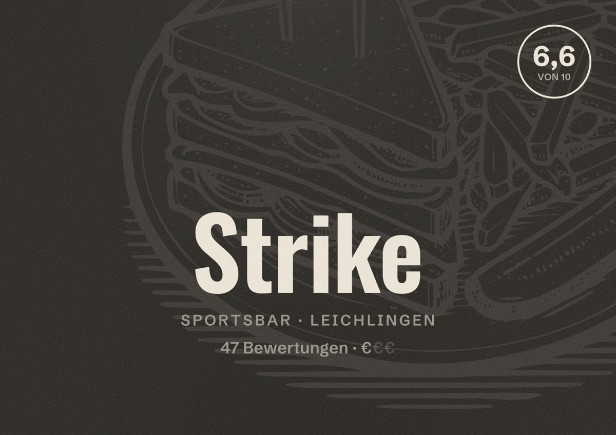Illustriertes Poster von Strike, Sportsbar in Leichlingen: Bewertung 6,6 von 10 aus 47 Bewertungen, Preisniveau €