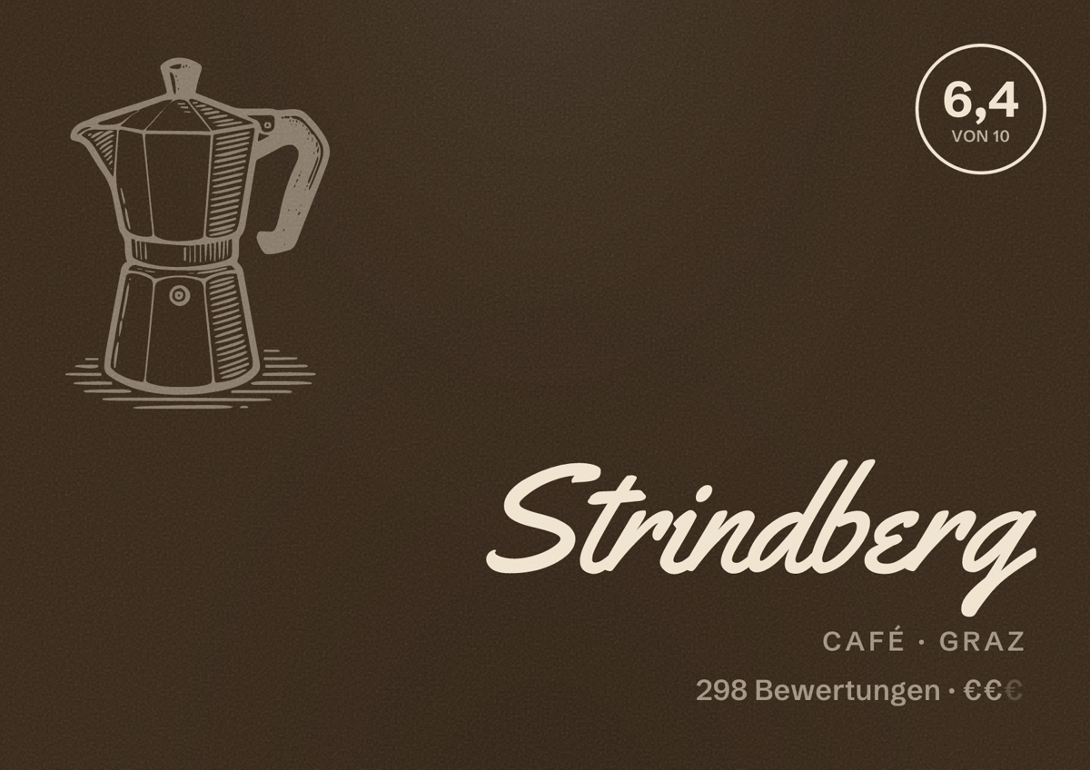 Illustriertes Poster von Strindberg, Café in Graz: Bewertung 6,4 von 10 aus 298 Bewertungen, Preisniveau €€