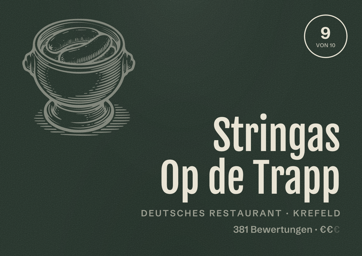 Illustriertes Poster von Stringas Op de Trapp, Deutsches Restaurant in Krefeld: Bewertung 9 von 10 aus 381 Bewertungen, Preisniveau €€