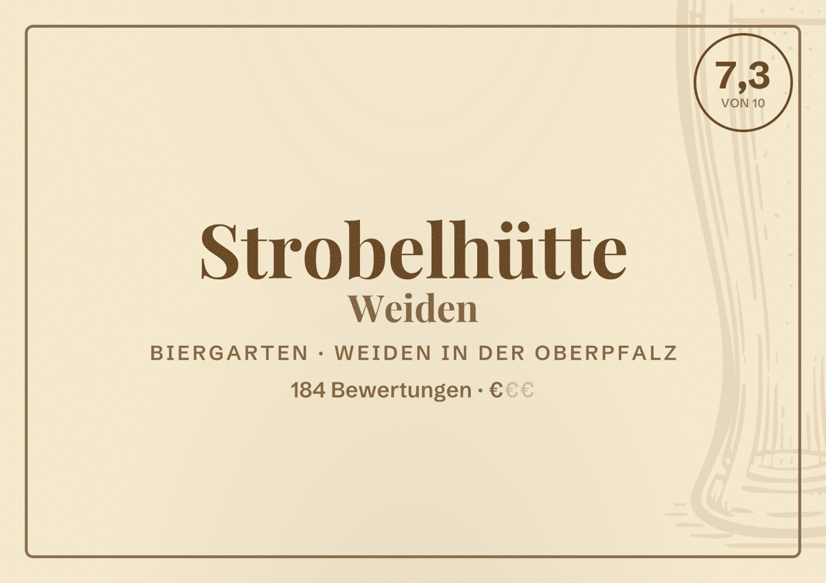 Illustriertes Poster von Strobelhütte Weiden, Biergarten in Weiden in der Oberpfalz: Bewertung 7,3 von 10 aus 184 Bewertungen, Preisniveau €