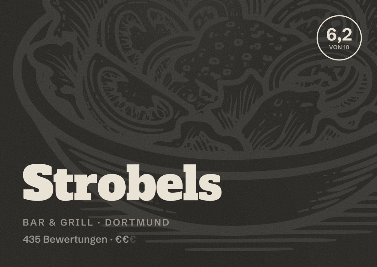 Illustriertes Poster von Strobels, Bar & Grill in Dortmund: Bewertung 6,2 von 10 aus 435 Bewertungen, Preisniveau €€