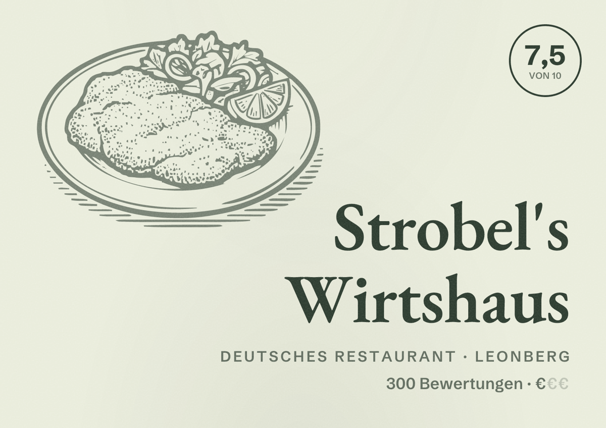 Illustriertes Poster von Strobel's Wirtshaus, Deutsches Restaurant in Leonberg: Bewertung 7,5 von 10 aus 300 Bewertungen, Preisniveau €