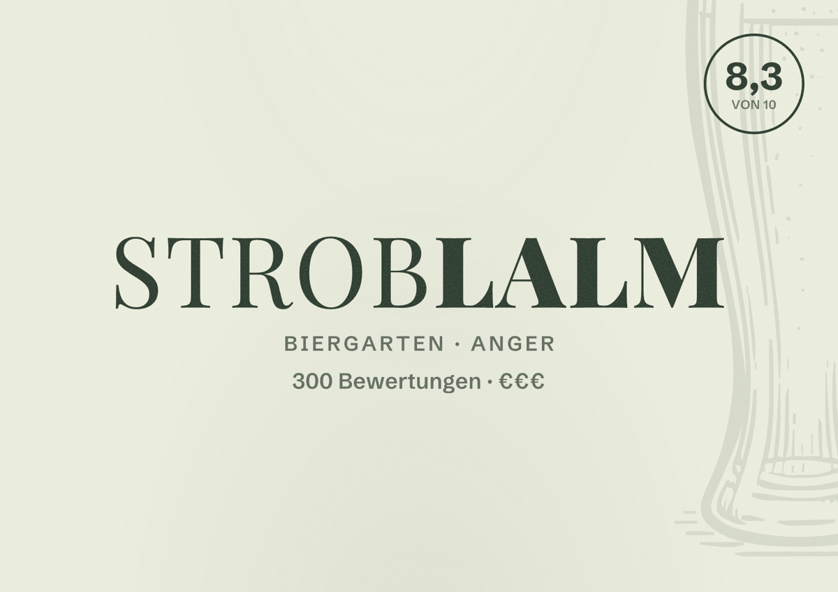 Illustriertes Poster von Stroblalm, Biergarten in Anger: Bewertung 8,3 von 10 aus 300 Bewertungen, Preisniveau €€€