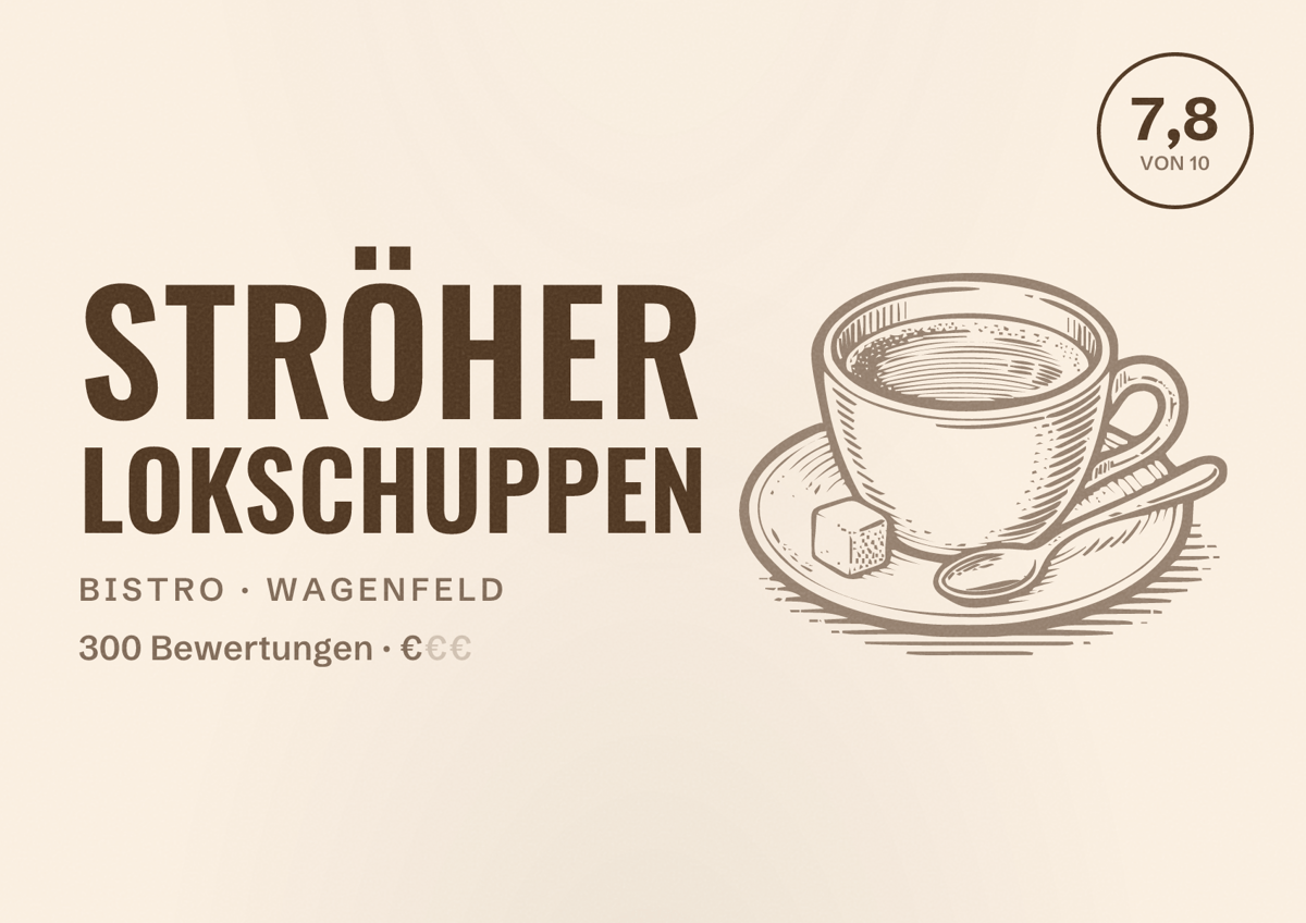 Illustriertes Poster von Ströher Lokschuppen, Bistro in Wagenfeld: Bewertung 7,8 von 10 aus 300 Bewertungen, Preisniveau €
