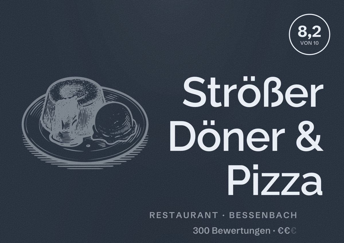 Illustriertes Poster von Strößer Döner & Pizza, Restaurant in Bessenbach: Bewertung 8,2 von 10 aus 300 Bewertungen, Preisniveau €€