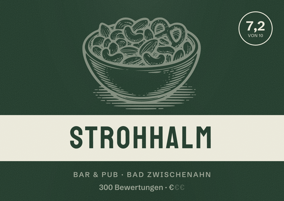 Illustriertes Poster von Strohhalm, Bar & Pub in Bad Zwischenahn: Bewertung 7,2 von 10 aus 300 Bewertungen, Preisniveau €