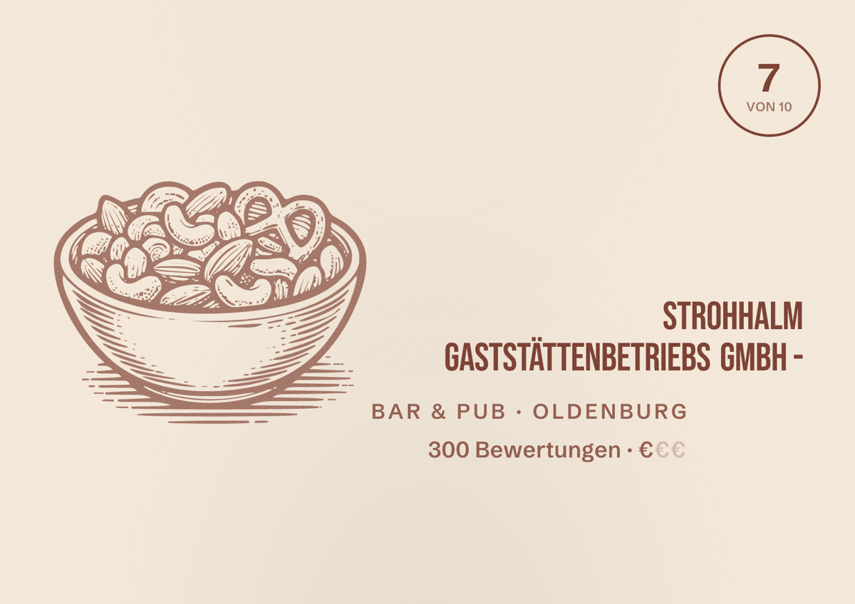 Illustriertes Poster von Strohhalm Gaststättenbetriebs GmbH -, Bar & Pub in Oldenburg: Bewertung 7 von 10 aus 300 Bewertungen, Preisniveau €