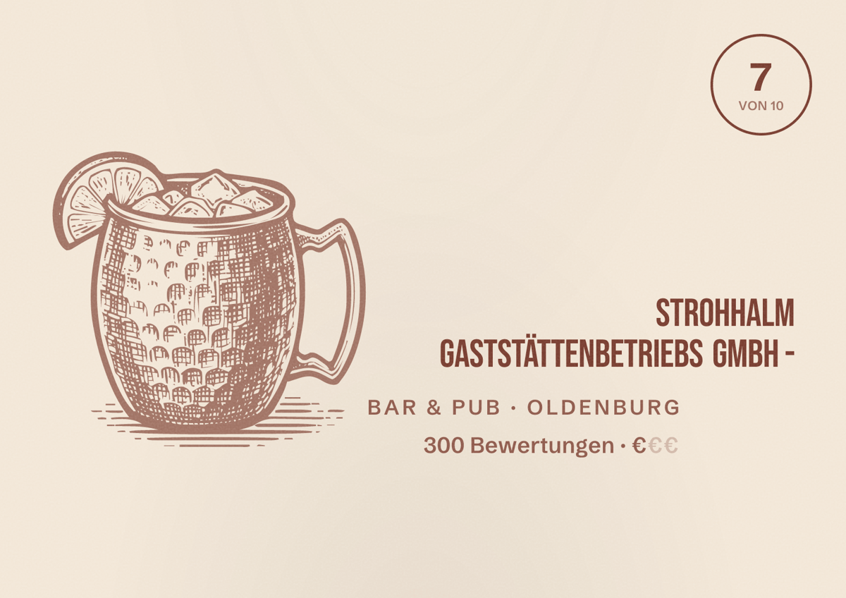 Illustriertes Poster von Strohhalm Gaststättenbetriebs GmbH -, Bar & Pub in Oldenburg: Bewertung 7 von 10 aus 300 Bewertungen, Preisniveau €