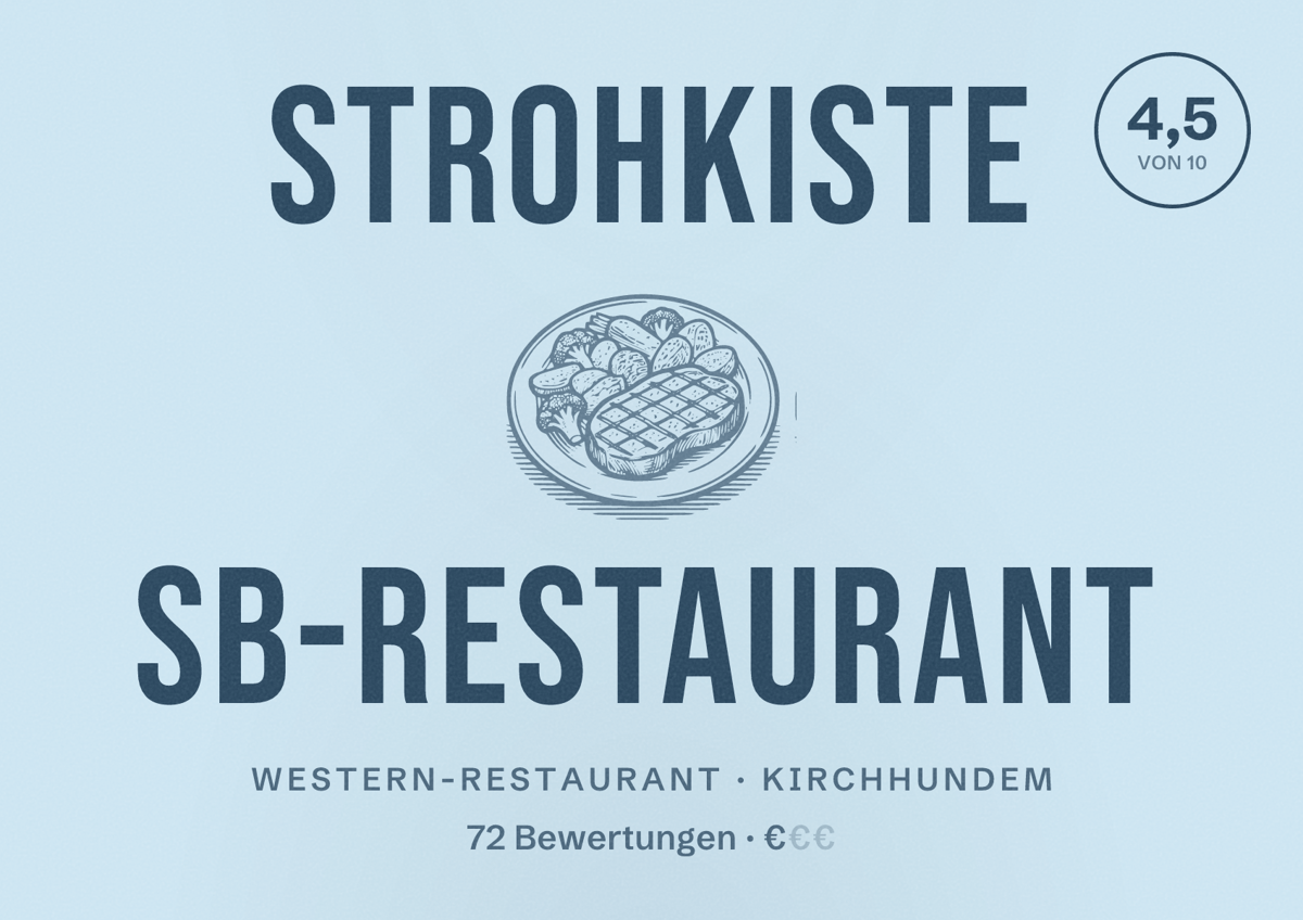 Illustriertes Poster von Strohkiste SB-Restaurant, Western-Restaurant in Kirchhundem: Bewertung 4,5 von 10 aus 72 Bewertungen, Preisniveau €