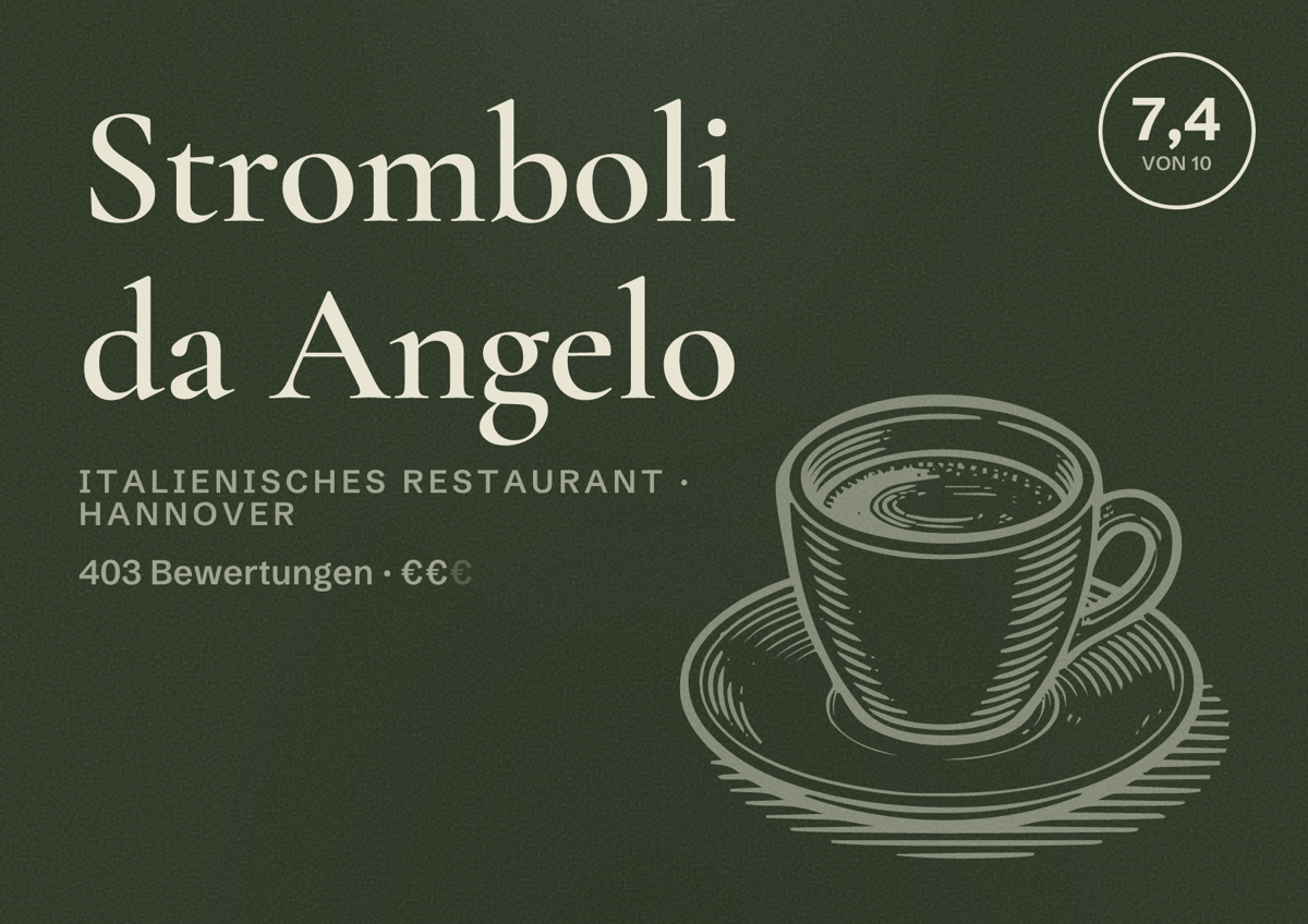 Illustriertes Poster von Stromboli da Angelo, Italienisches Restaurant in Hannover: Bewertung 7,4 von 10 aus 403 Bewertungen, Preisniveau €€