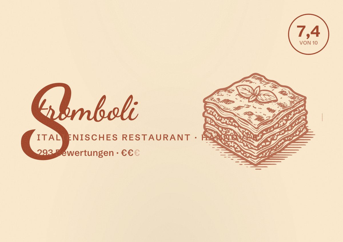 Illustriertes Poster von Stromboli, Italienisches Restaurant in Hannover: Bewertung 7,4 von 10 aus 293 Bewertungen, Preisniveau €€